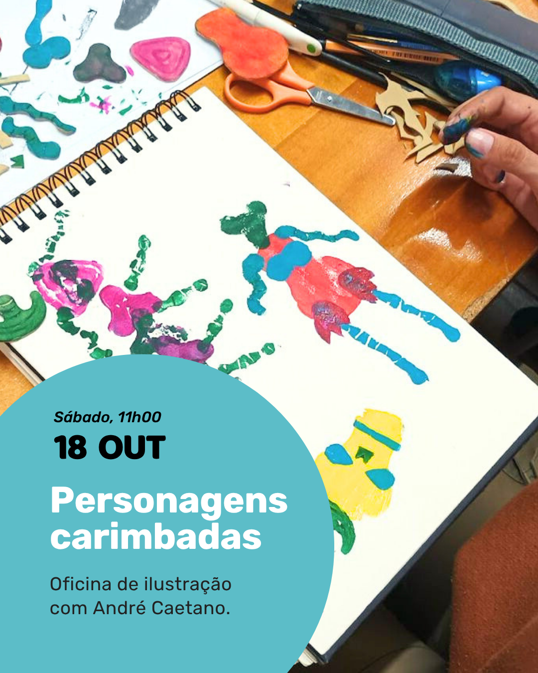 Personagens criativas vão nascer no papel através de carimbos criados no momento.Nesta oficina de ilustração, os participantes vão explorar a técnica da carimbagem, com orientação do ilustrador André Caetano.